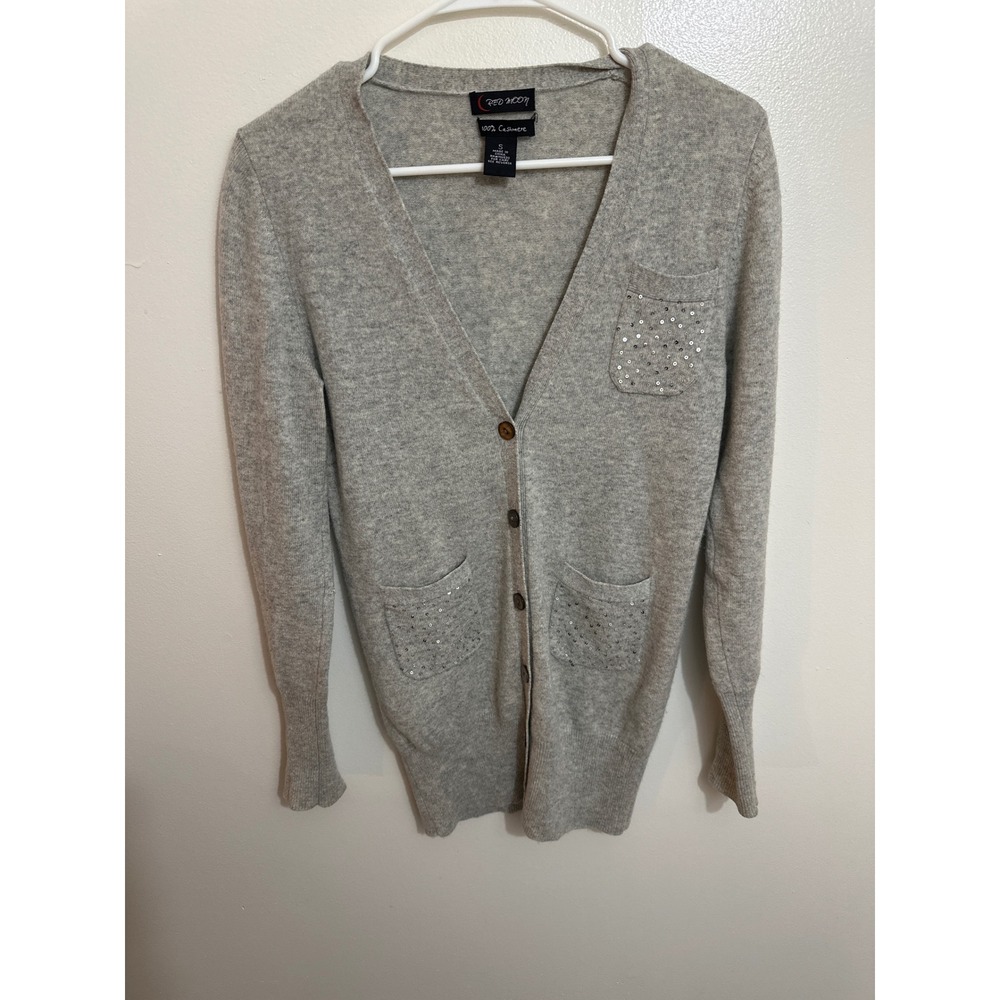 Red Moon 100% Cashmere Cardigan Sweater Gray Sequin Pocket V-Neck Small
